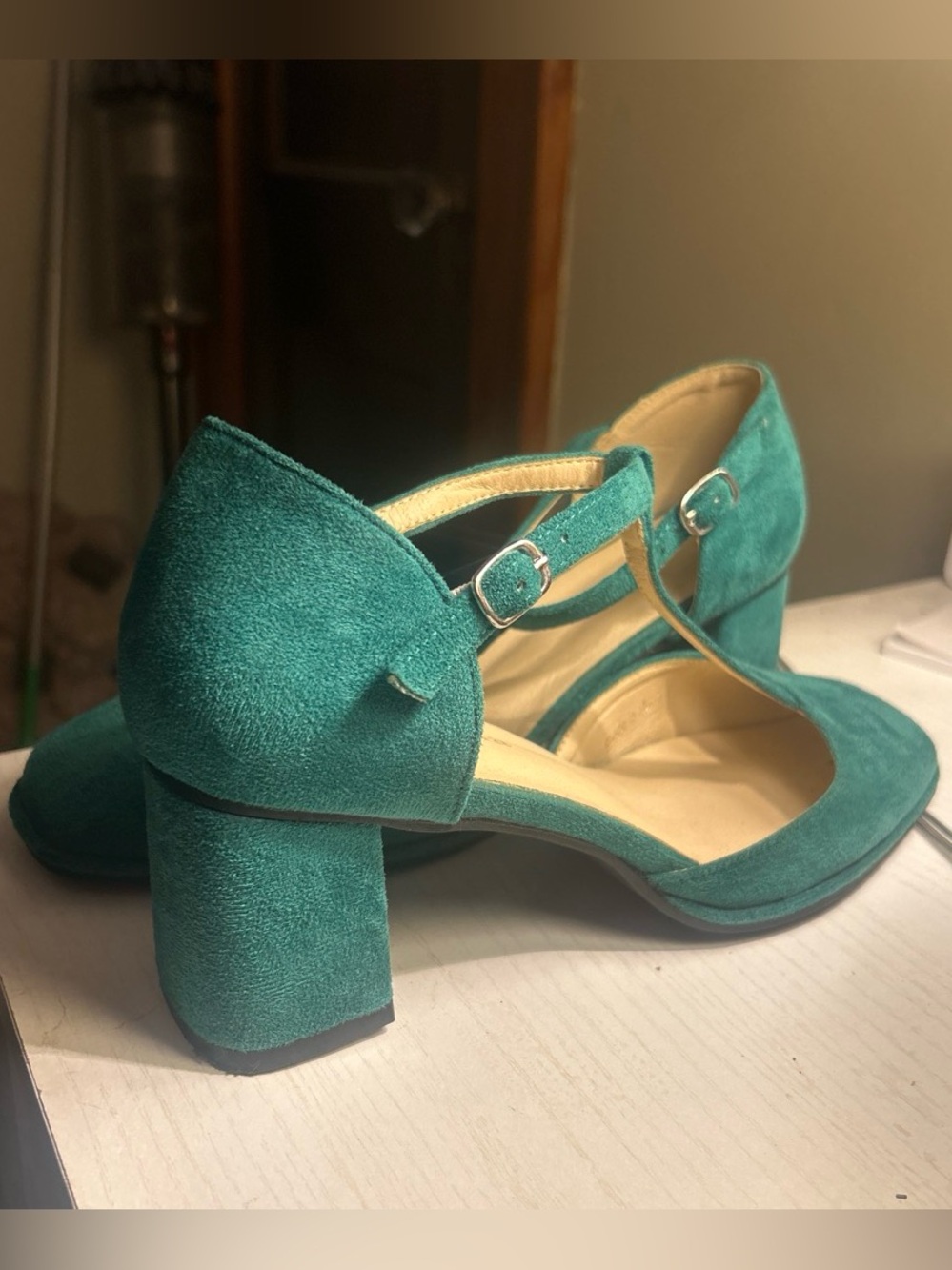 Suede Teal Block Heel Mary Jane Pumps